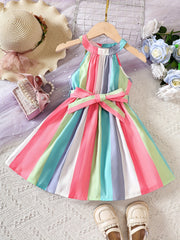 Toddler Girls Striped Halter Neck Princess Dress For Party Beach Vacation