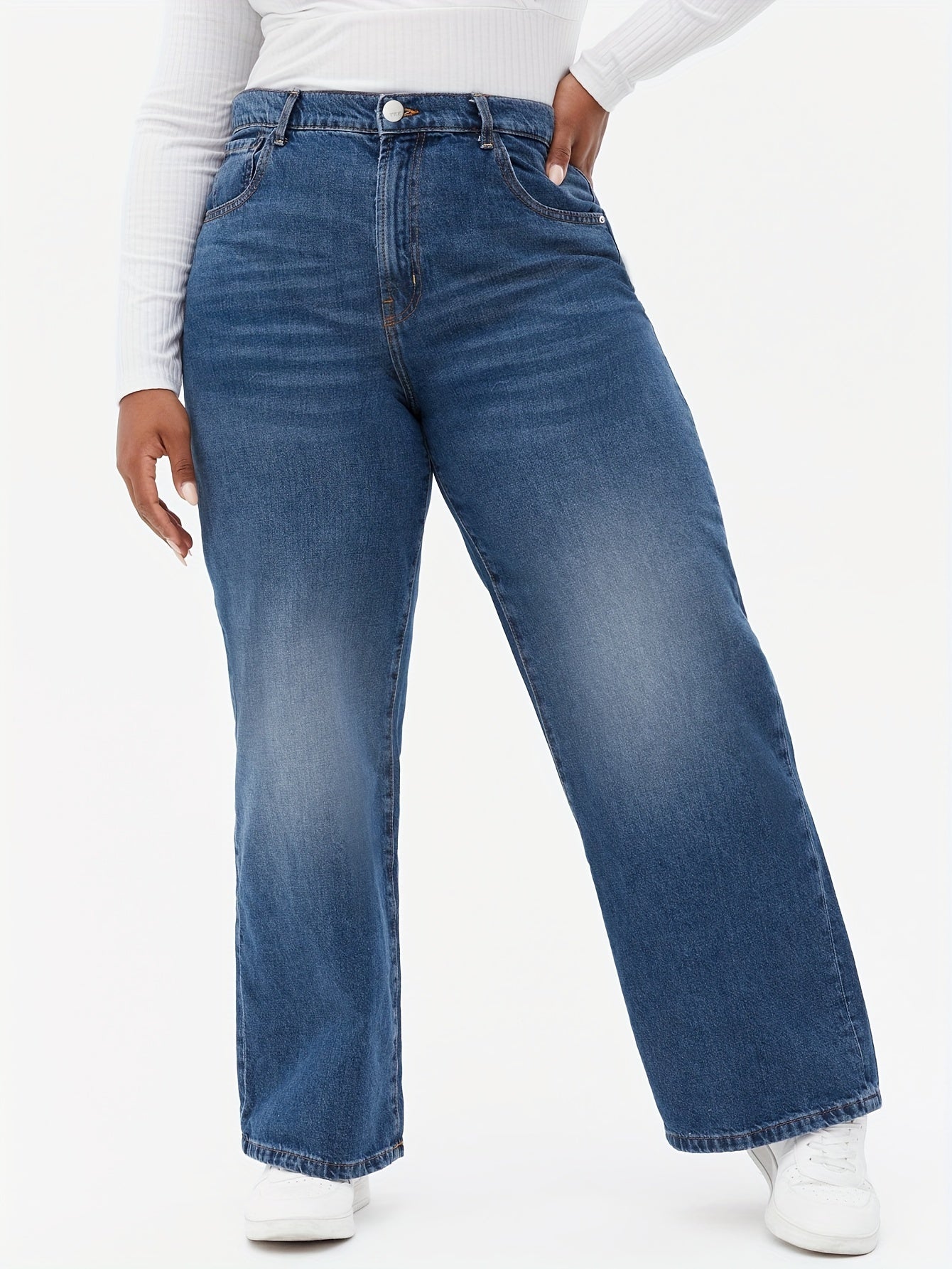 Casual Plus Size Wide Leg Jeans Medium Stretch High Rise