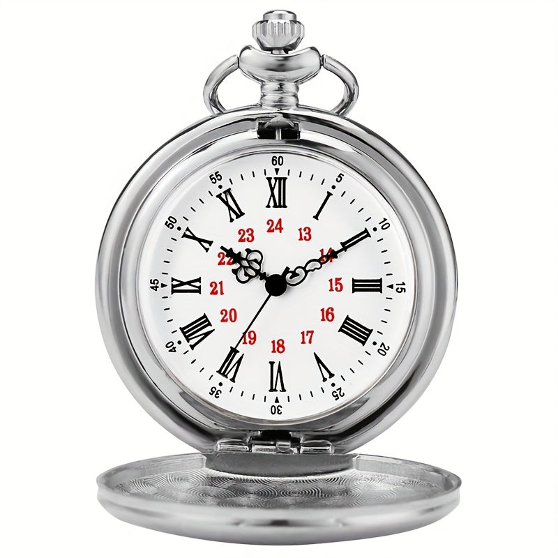 Smooth Case Roman Numerals Dial Quartz Pocket Watch Fob Pendant Chain