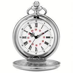 Smooth Case Roman Numerals Dial Quartz Pocket Watch Fob Pendant Chain