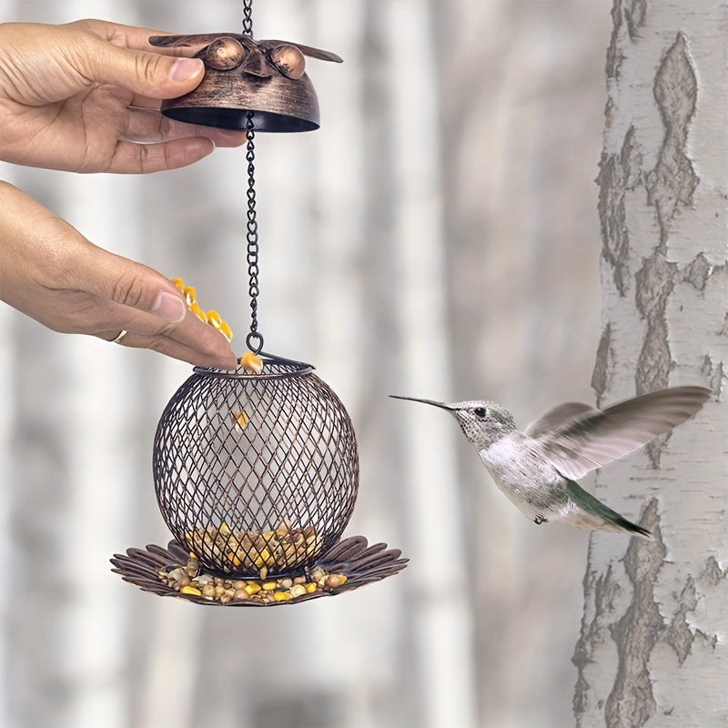 Owl Shaped Hanging Bird Feeder Copper Metal Mesh Wild Finch Bird Feeder