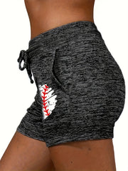 Baseball Heart Print Drawstring Summer Workout Shorts