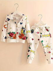 Irregular Rose Flower Print Pullover & Pants Set For Baby Girls