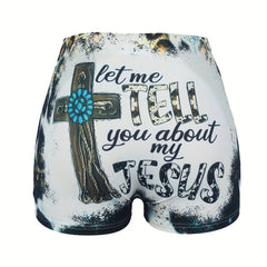 Letter & Cross Print Skinny Shorts for Women
