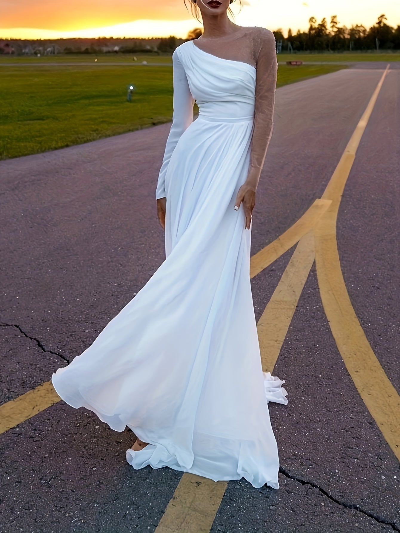Solid Split Thigh Mesh Sleeve Maxi Party Dress