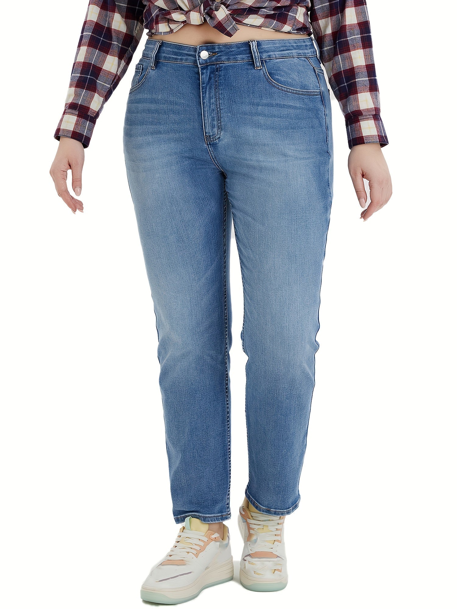 Women's Plus Button Fly High Rise Stretchy Straight Leg Jeans