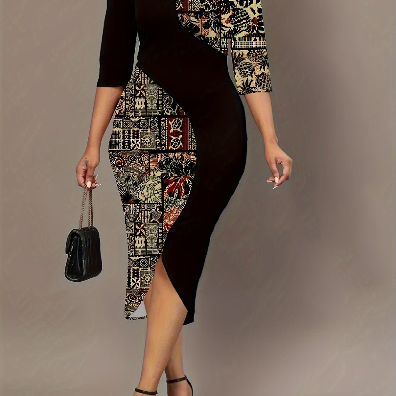 Colorblock Print Half Sleeve Round Neck Keyhole Dress
