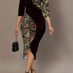 Colorblock Print Half Sleeve Round Neck Keyhole Dress