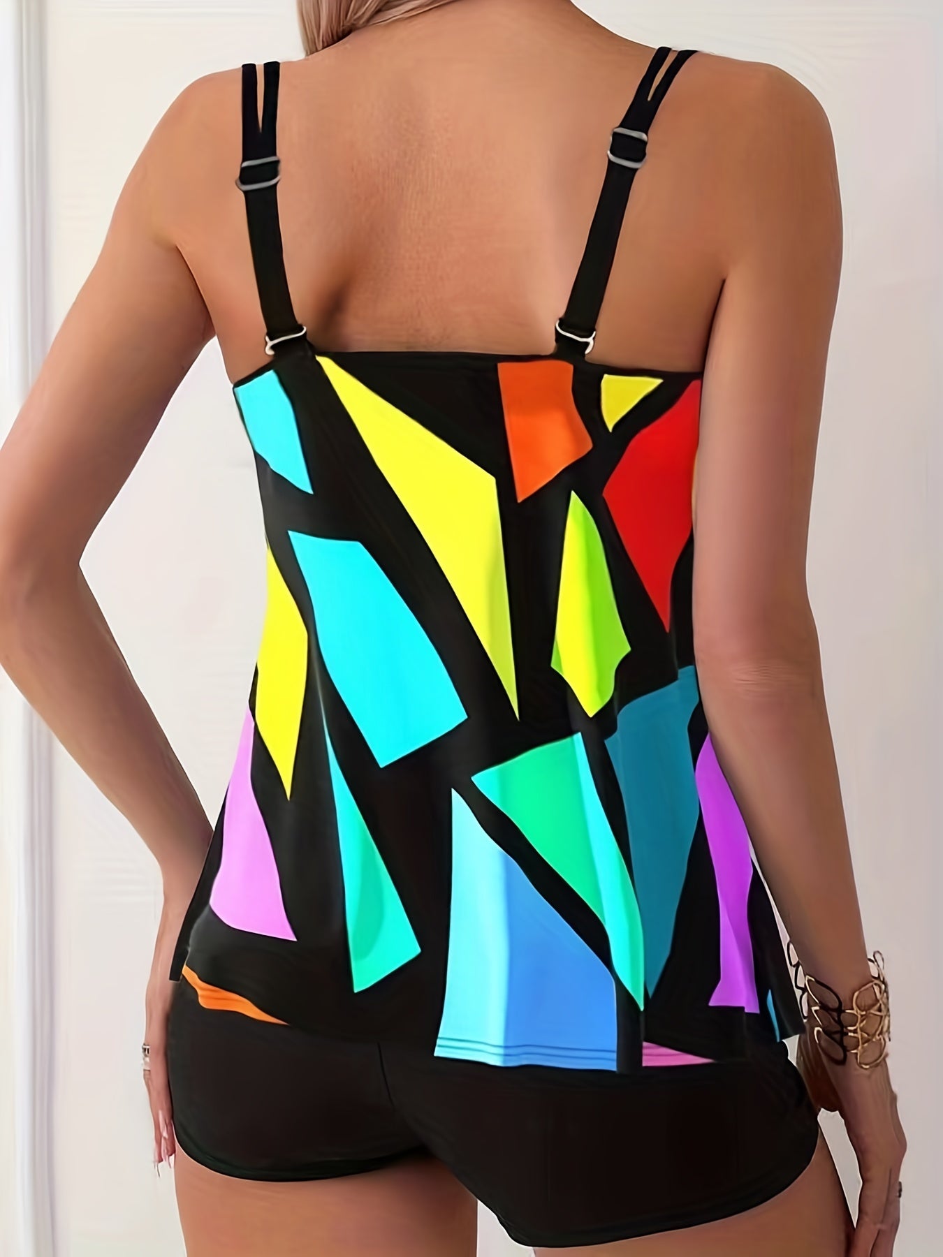 Geometric Pattern Tankini Set Multicolored Swimsuit Women's Swimwear
