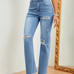 High Stretch Frayed Trim Ripped Jeans Loose Fit