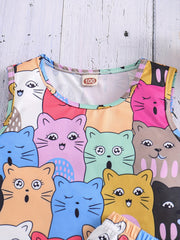 Kids Summer Cartoon Cat Tank Crop Top & Shorts Set