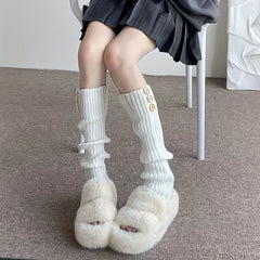 Solid Knitted Leg Warmers with Buttons Decor Knee High Socks Women's Stockings