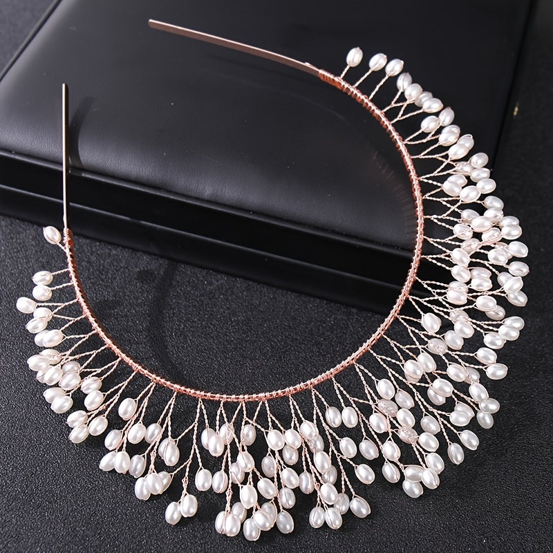 Hand Woven Hairband Leaf Faux Pearl Headbands For Women Bride Crown Tiara Weddin