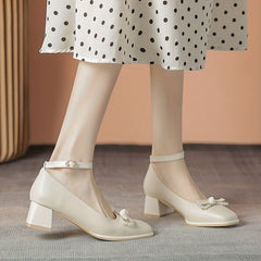 Faux Pearl Bowknot Chunky Heeled Dress Shoes Ankle Strap Mid Heels