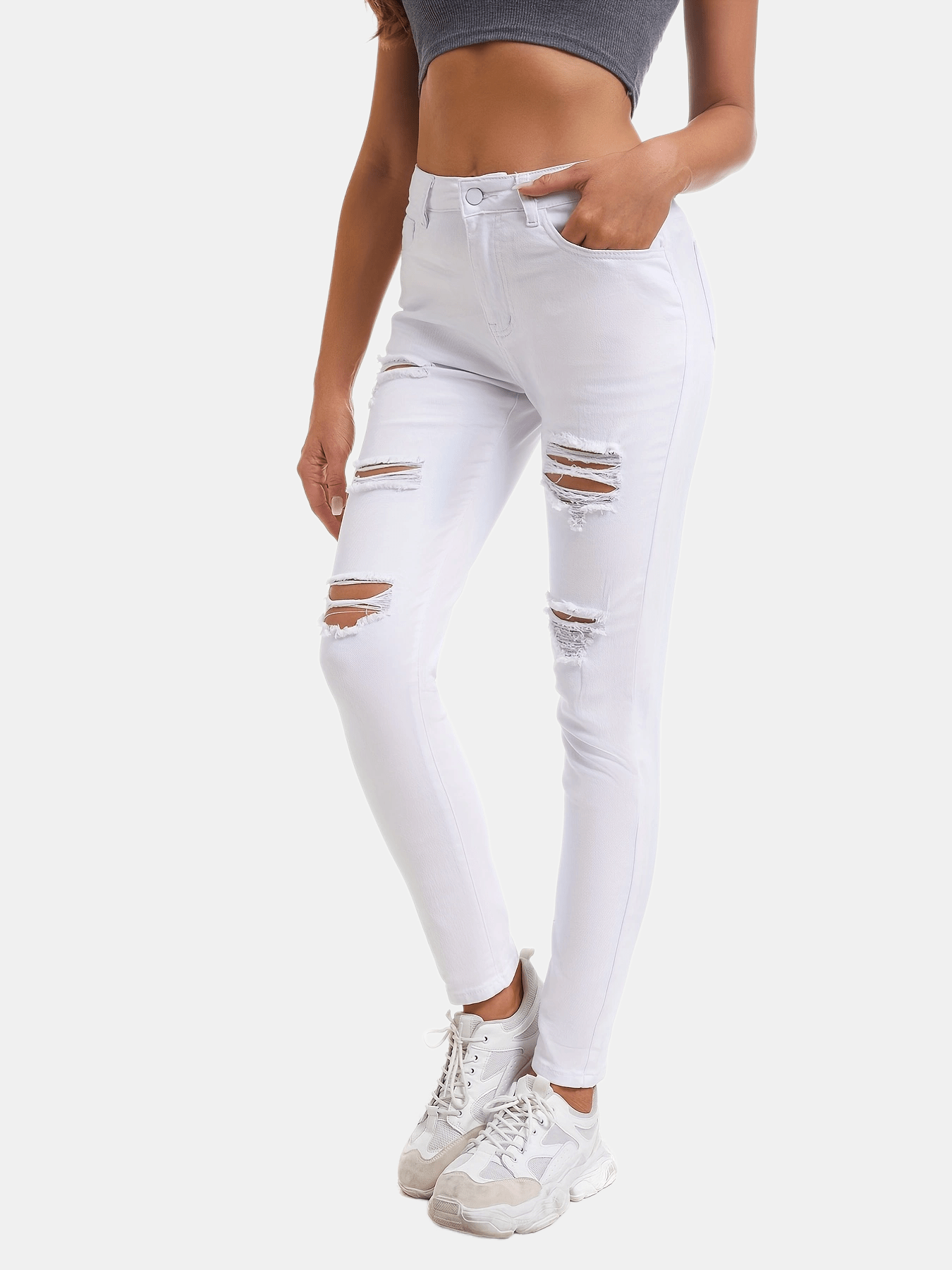 Ripped Holes Skinny Jeans Slim Fit Slash Pockets Slight Stretch Casual Denim Pan