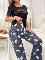 Koala Print Pajama Set Short Sleeve Top & Pants Women's Sleepwear