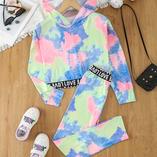 Girl's Tie Dye 2pcs Hoodie & Sweatpants Set LOVE Print Long Sleeve Top