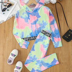 Girl's Tie Dye 2pcs Hoodie & Sweatpants Set LOVE Print Long Sleeve Top