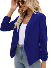 Ruched Solid Blazer Open Front Work Office Outerwear Women's Clothing