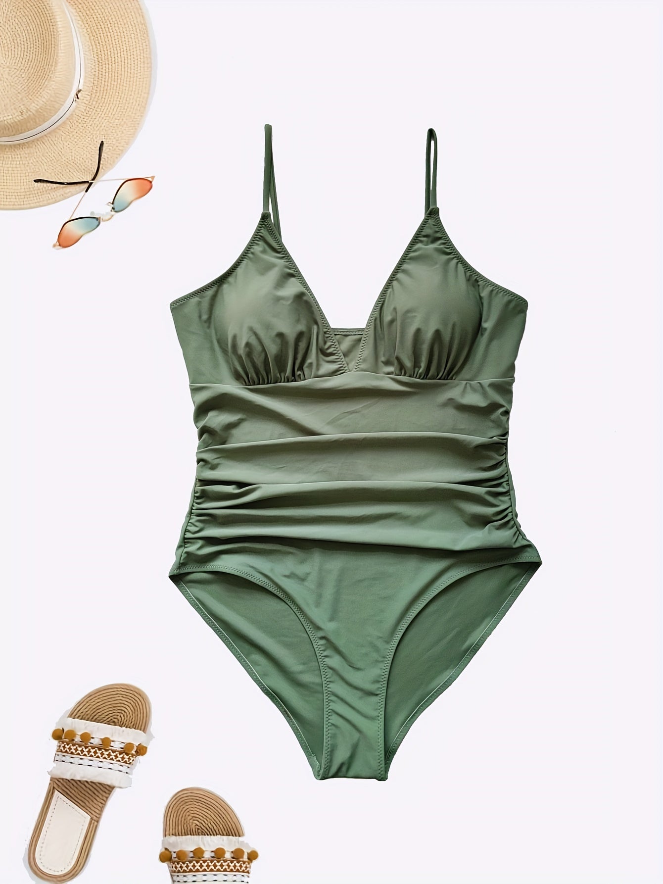 Women's Plus Solid Ruched V Neck One Piece Swimsuit