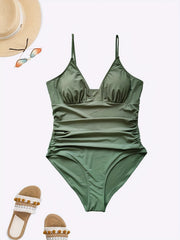 Women's Plus Solid Ruched V Neck One Piece Swimsuit