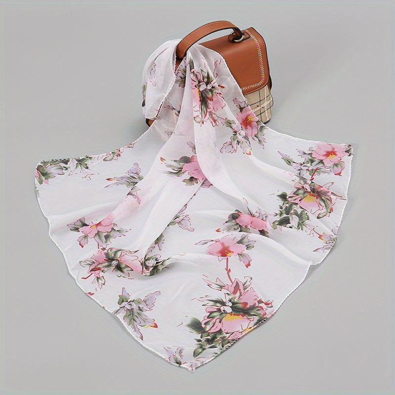 Flower Print Chiffon Scarf Square Shawl Casual Neckerchief
