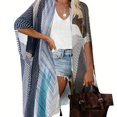 Stripes Print Side Split Tassel Cardigan Cover Up Boho Style Kimono Beach Coveru