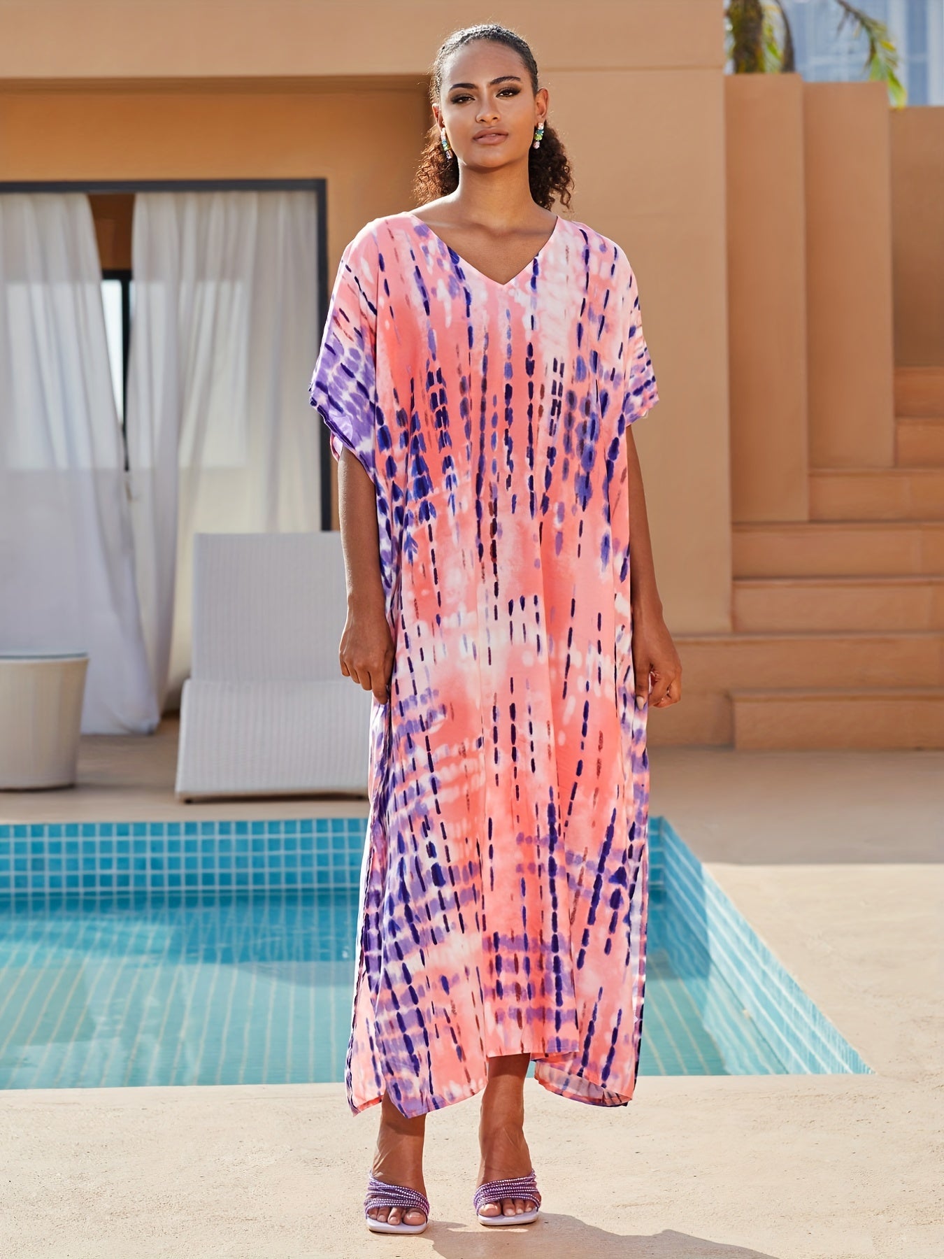 Tie Dye Stripe Print V Neck Maxi Beach Cover Up