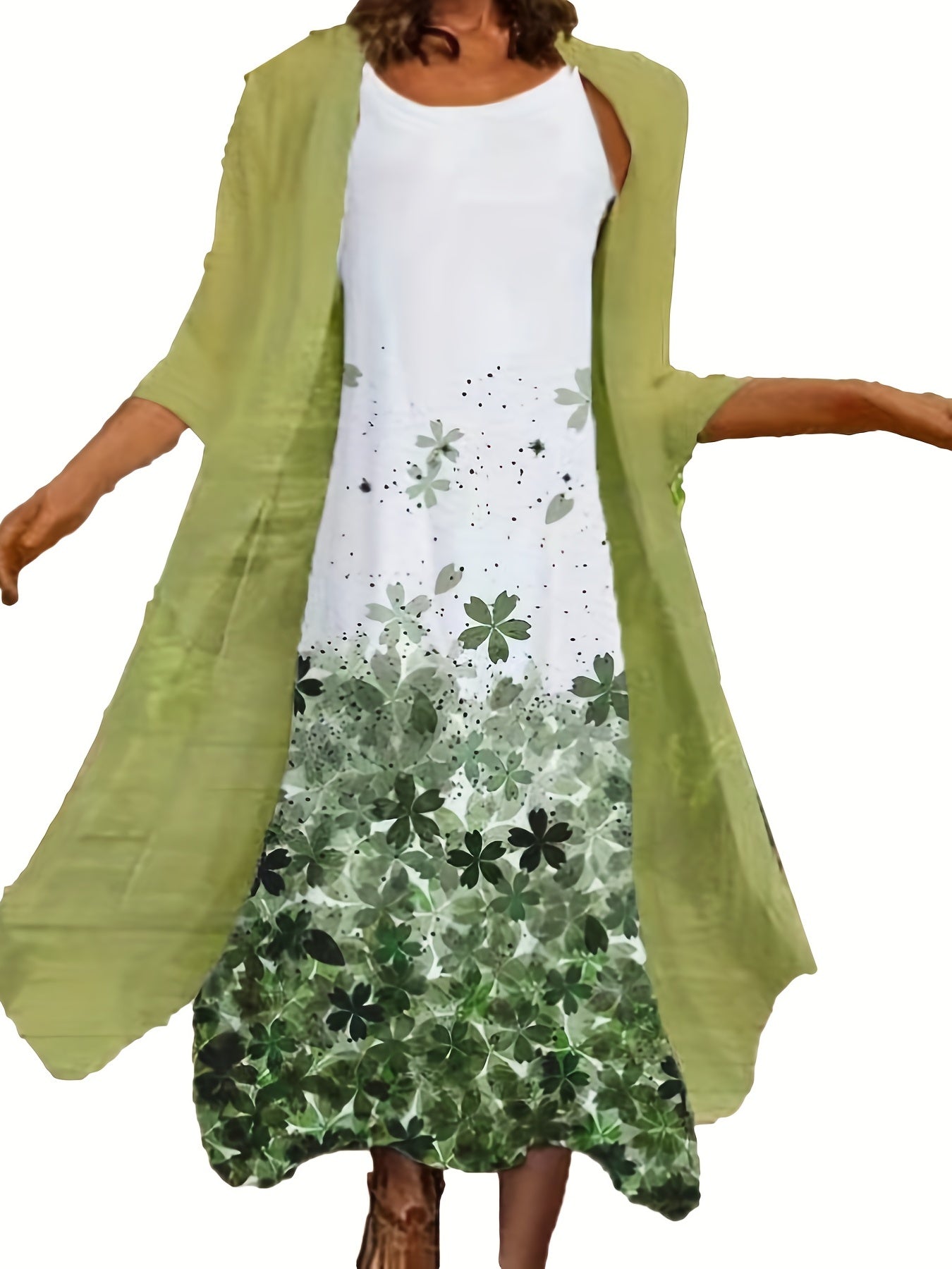 2 Piece Set Half Sleeve Open Front Coat & Floral Print Cami Dress