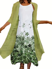 2 Piece Set Half Sleeve Open Front Coat & Floral Print Cami Dress