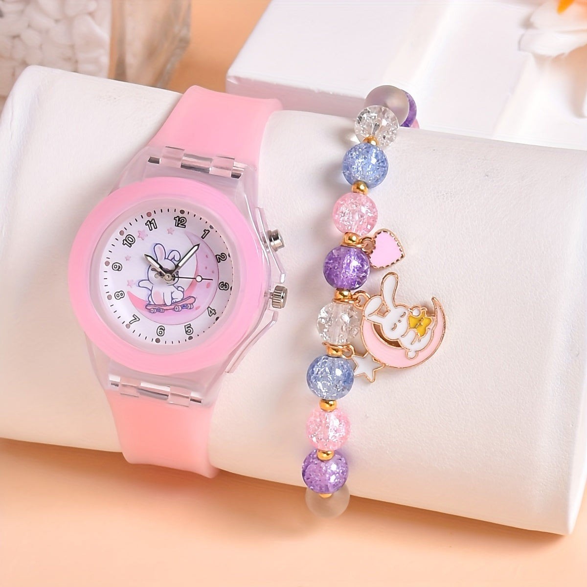 Cartoon Moon Rabbit Silicone Strap Girls Watch Set