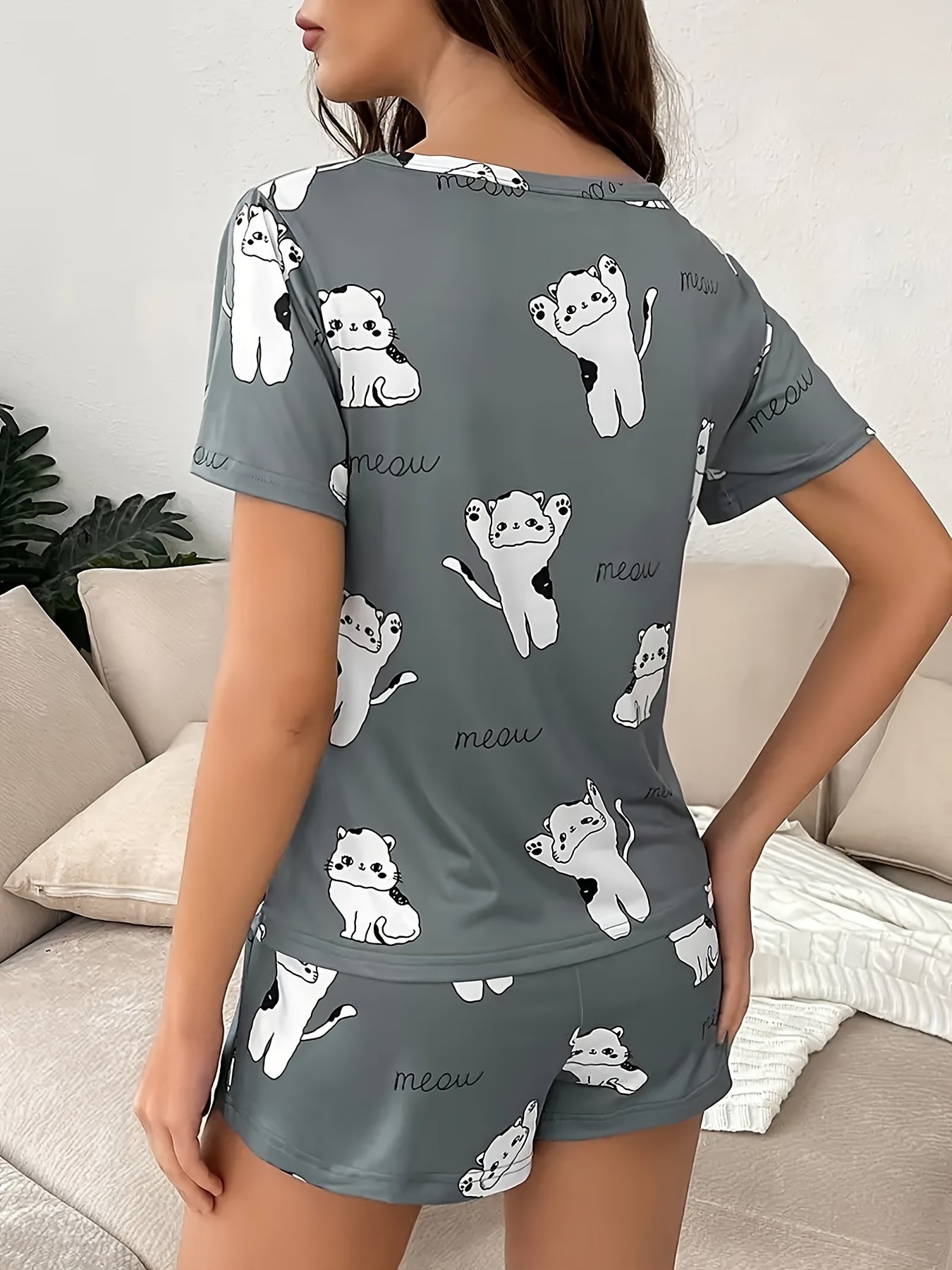 Cat Print Pajama Set Short Sleeve Top & Bow Shorts