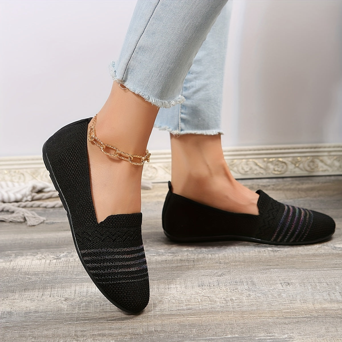 Women's Knitted Flat Shoes Almond Toe Slip On Soft Sole Casual Loafers