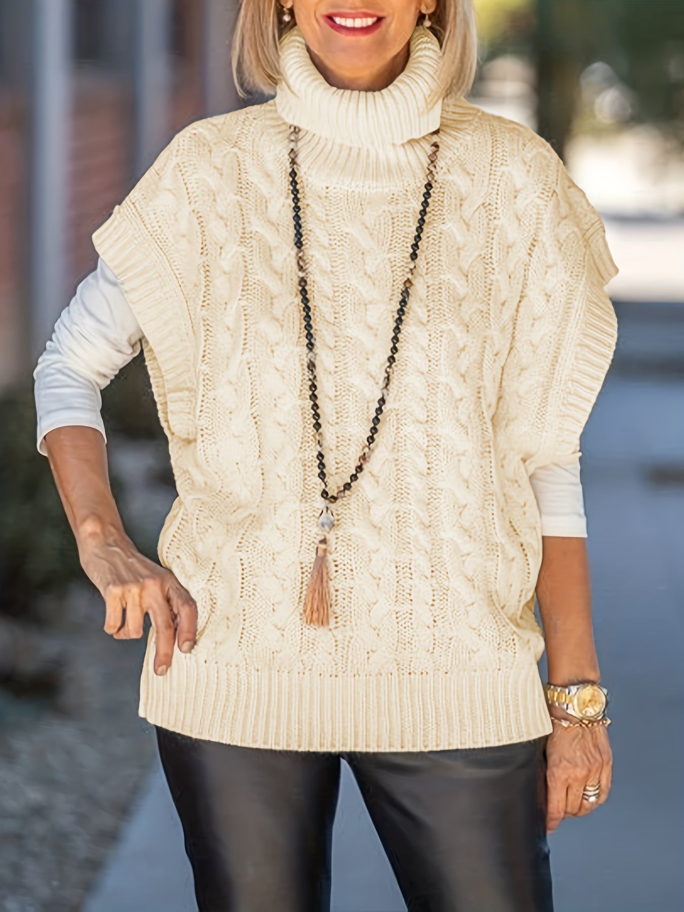 Boho Sweater Women's Plus Solid Cable Batwing Sleeve High Neck Sweater