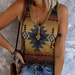 Western Geo Print Tank Top Sleeveless V Neck Tank Top Casual Every Tops
