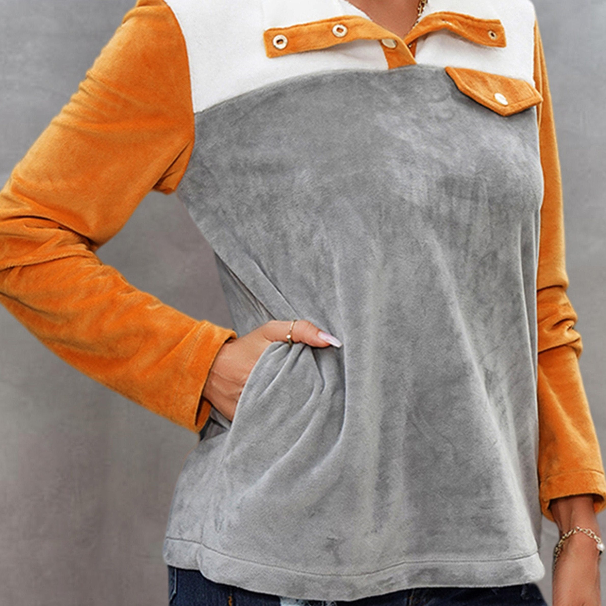 Women's Colorblock Stand Neck Teddy Long Sleeve Tops