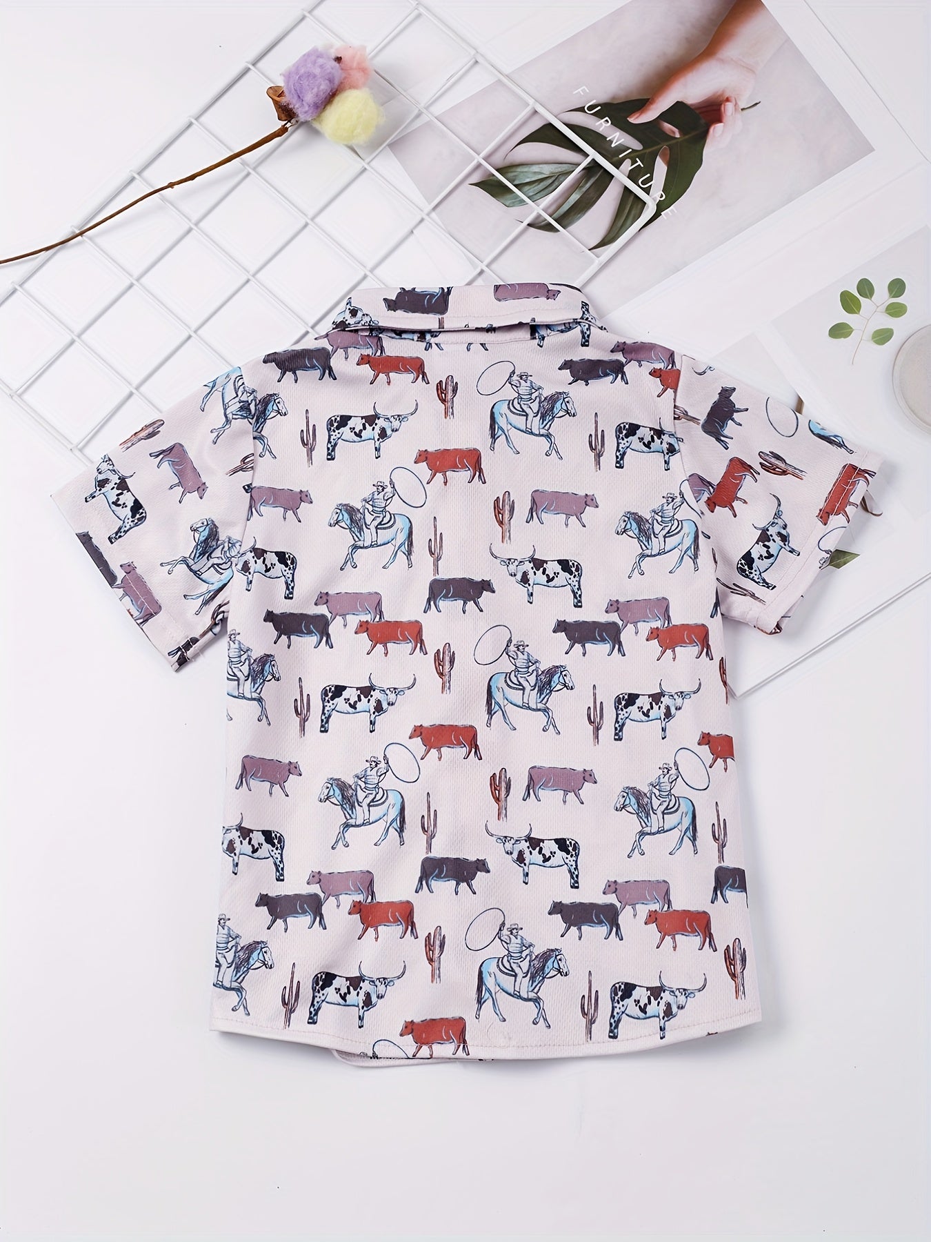 Boys Cow Short Sleeves Button Down Shirt Tops for Summer