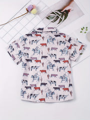 Boys Cow Short Sleeves Button Down Shirt Tops for Summer