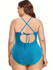 Solid Keyhole Criss Cross Lace Up Back One Piece Swimsuit