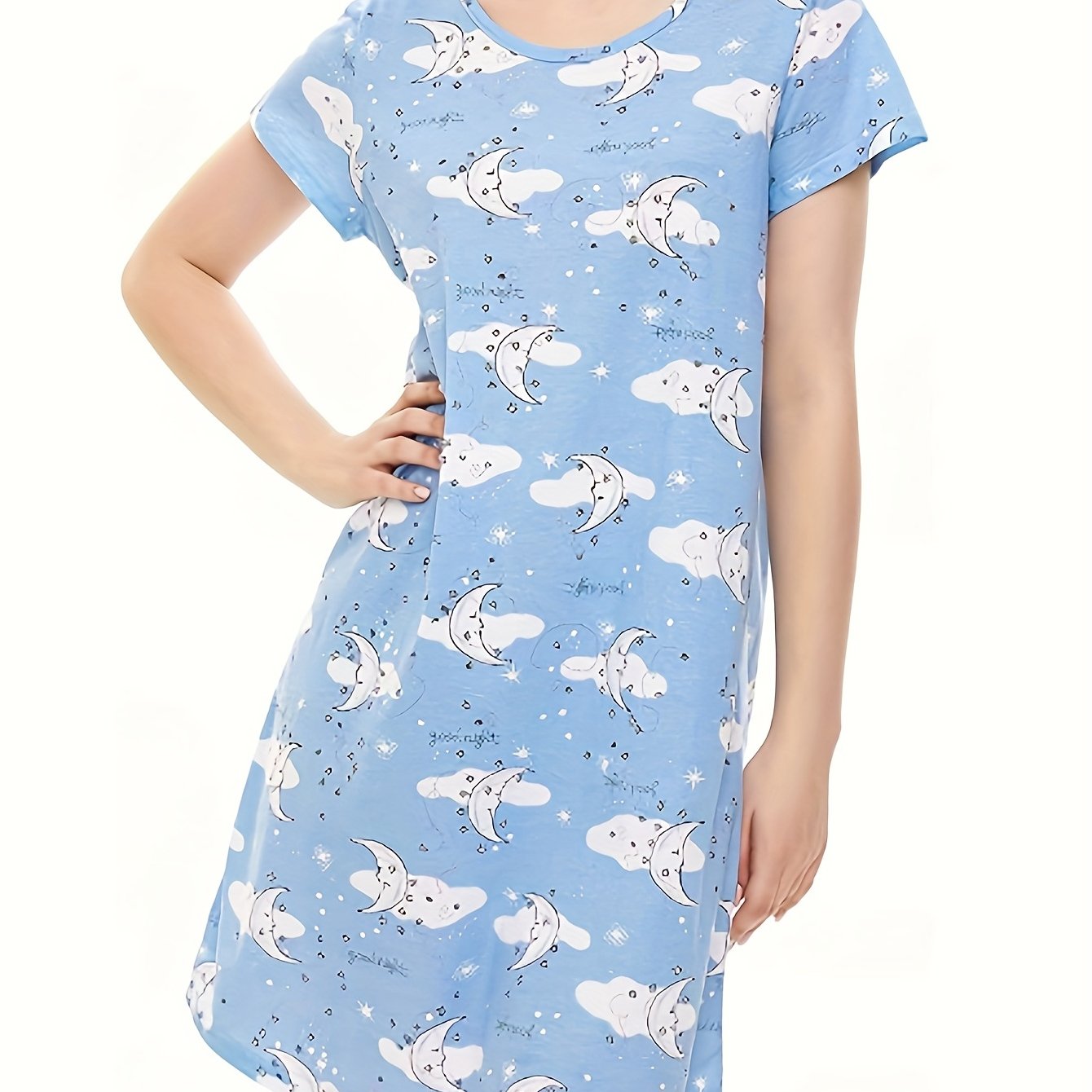 Starry Print Lounge Dress Short Sleeve Crew Neck Home Dress Women's Loungewear