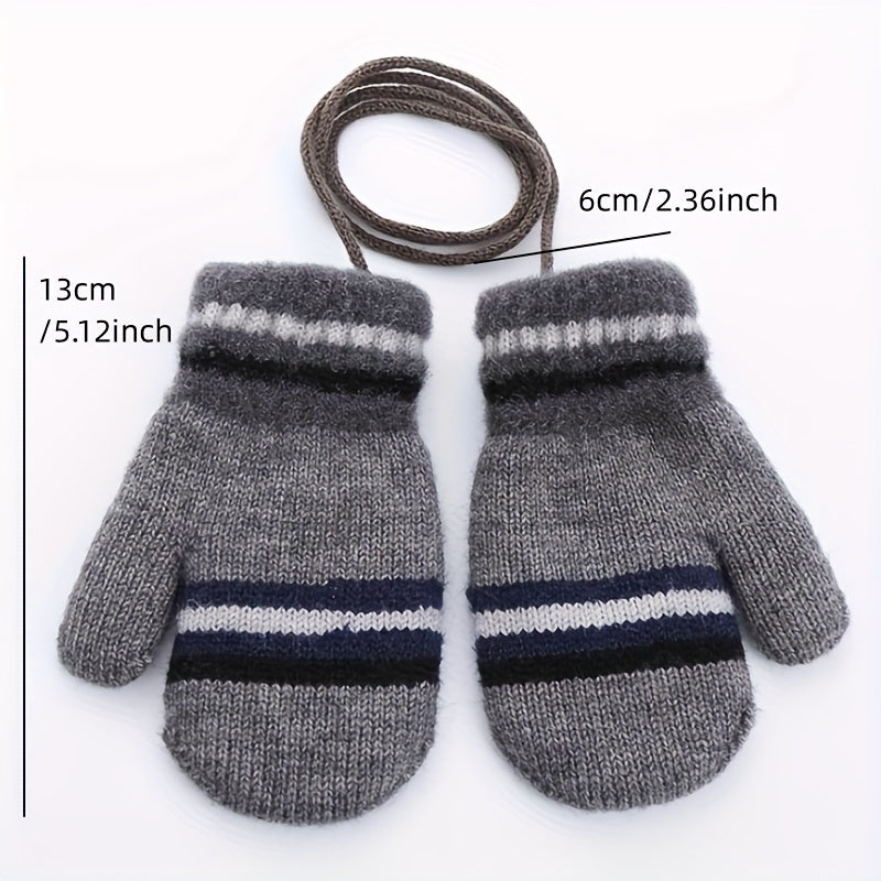 Striped Kids Wool Gloves, Double Layer Mittens