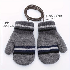 Striped Kids Wool Gloves, Double Layer Mittens