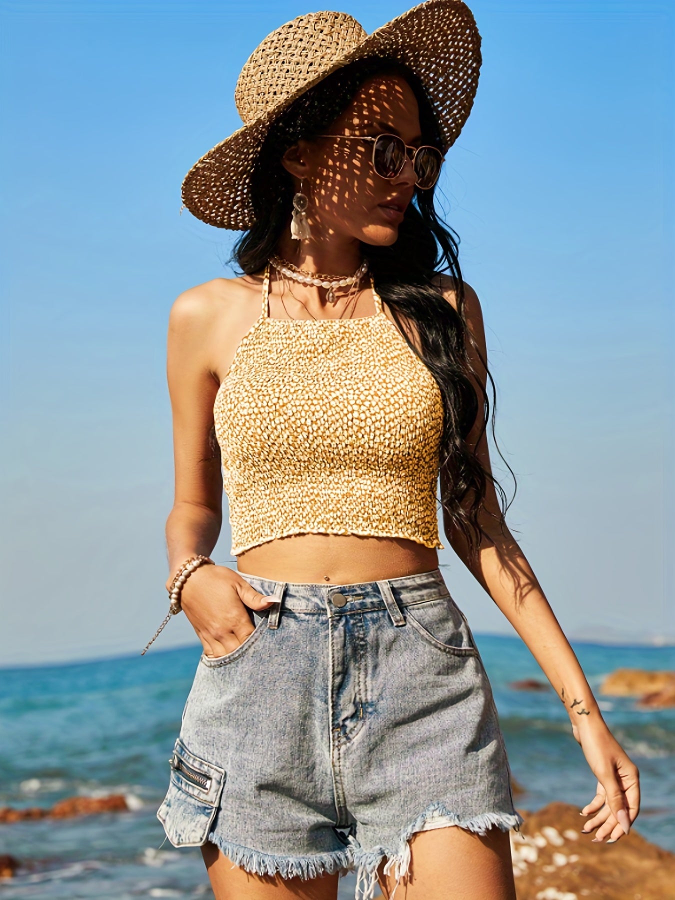 Floral Print Halter Crop Top Tie Back Summer Sleeveless