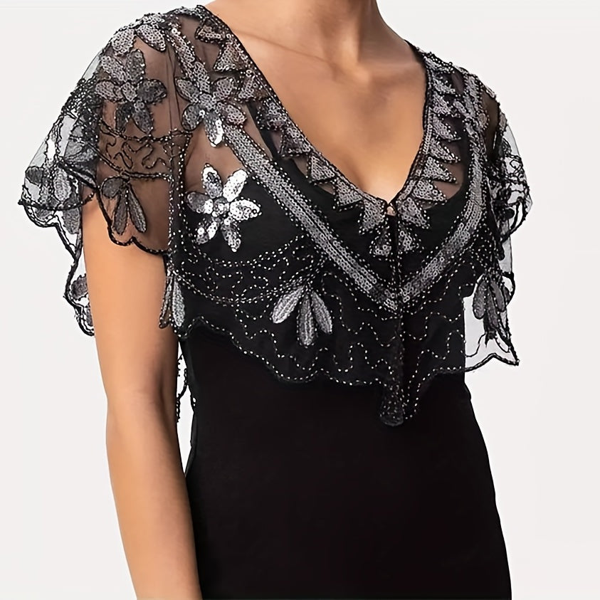 Vintage Embroidery Shawl Sequin Beads Lace Cape Women Glitter Scarf