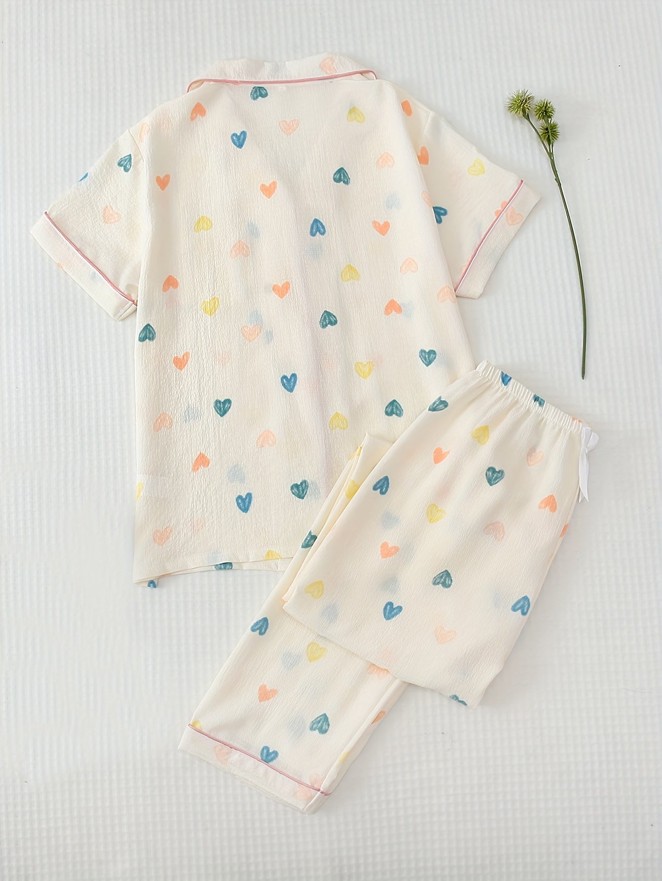 Heart Print Pajama Set Short Sleeve Button Up Top & Elastic Waistband Pants