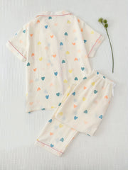 Heart Print Pajama Set Short Sleeve Button Up Top & Elastic Waistband Pants