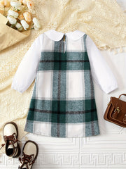 Preppy Plaid Round Collar Long Sleeve Dress For Girls