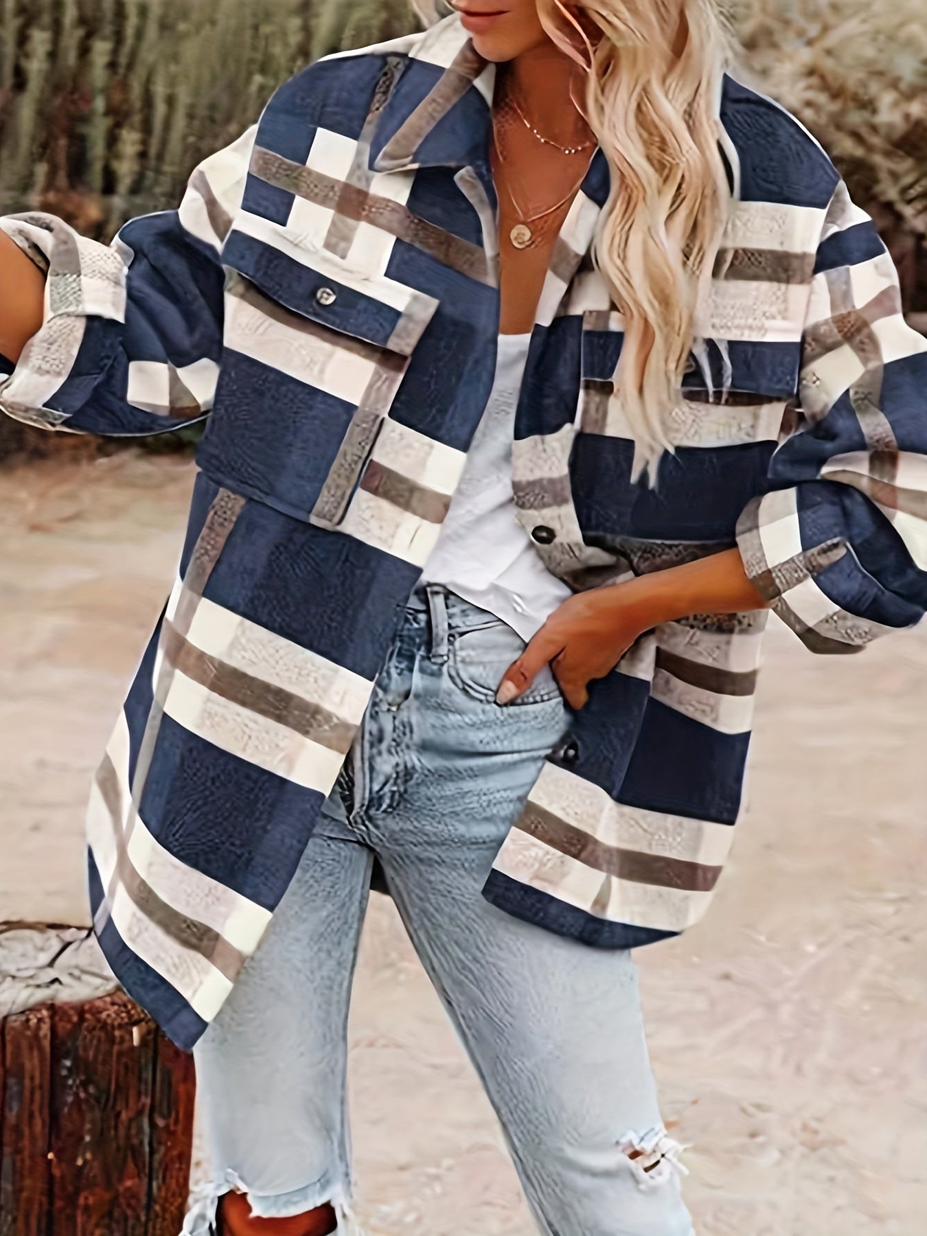 Plaid Button Down Long Sleeve Jacket Loose Lapel Plaid Jacket
