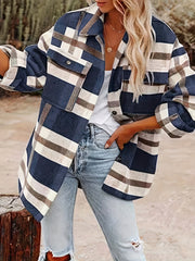 Plaid Button Down Long Sleeve Jacket Loose Lapel Plaid Jacket