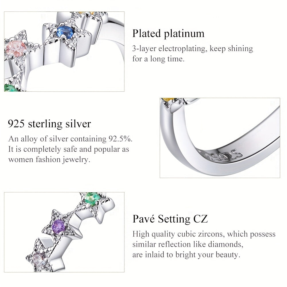 925 Silver Starry Ring with Colorful Zircon, Platinum Plated
